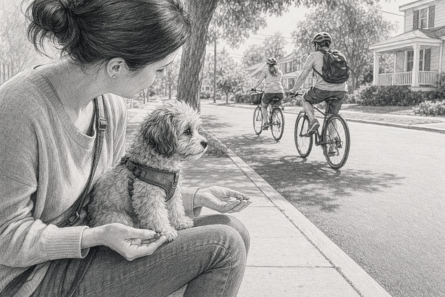Small puppy watching bicycle from owner’s lap