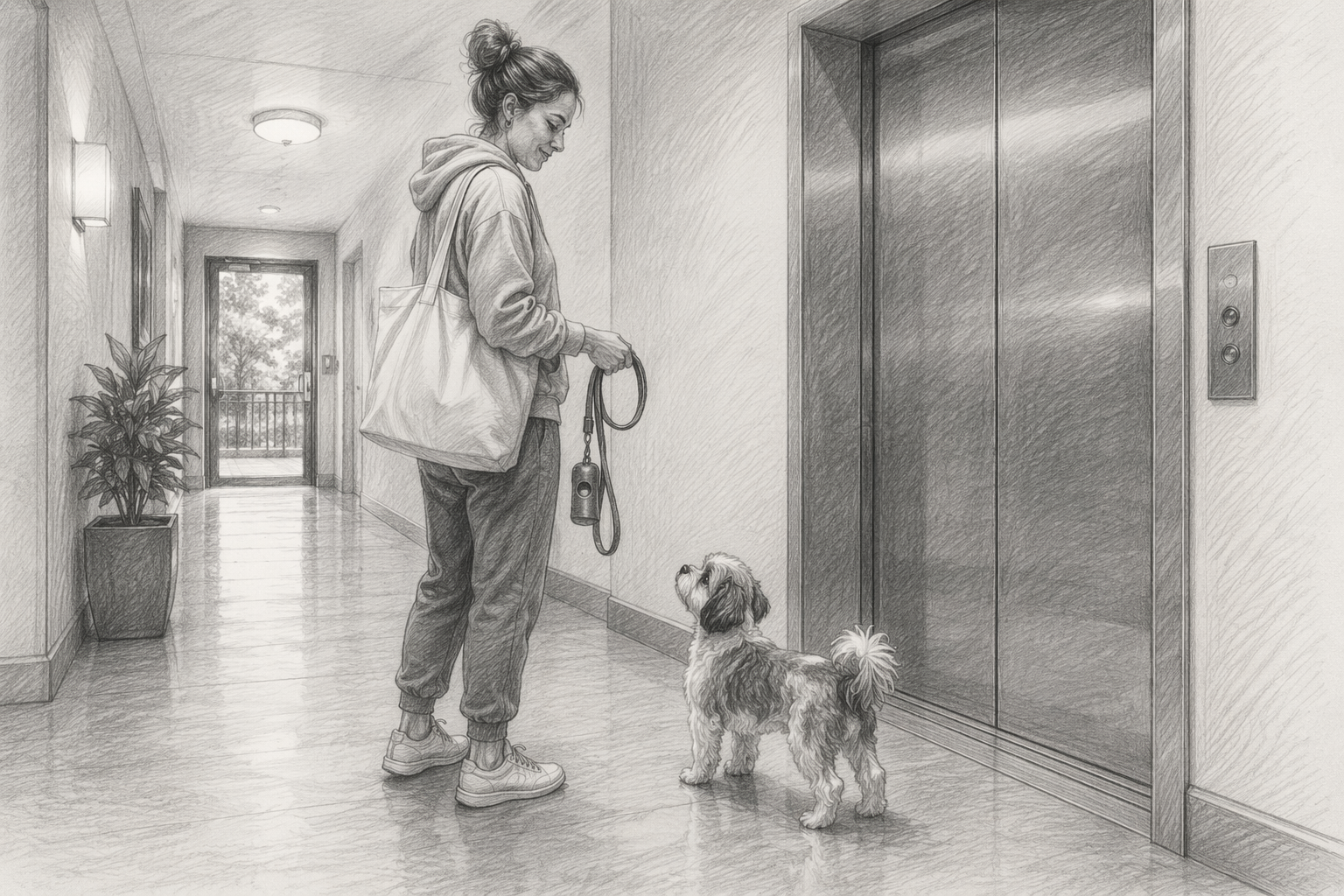Small puppy with owner near apartment elevator