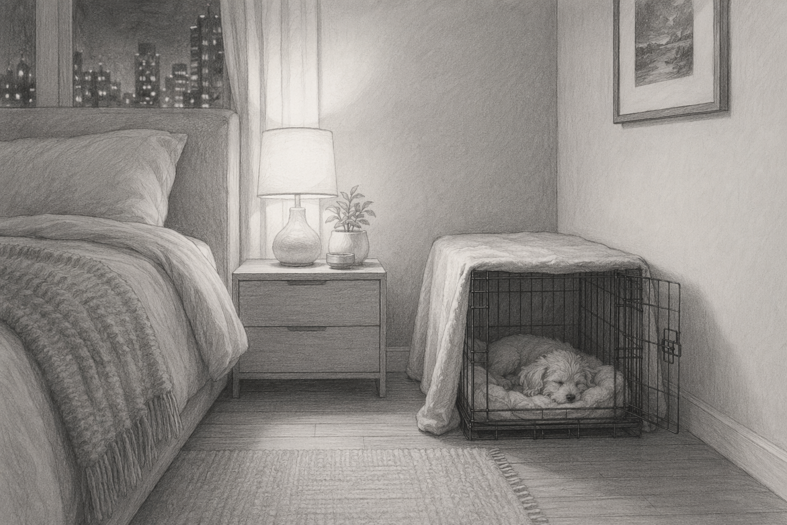 Small puppy sleeping in covered crate by dim corner lamp