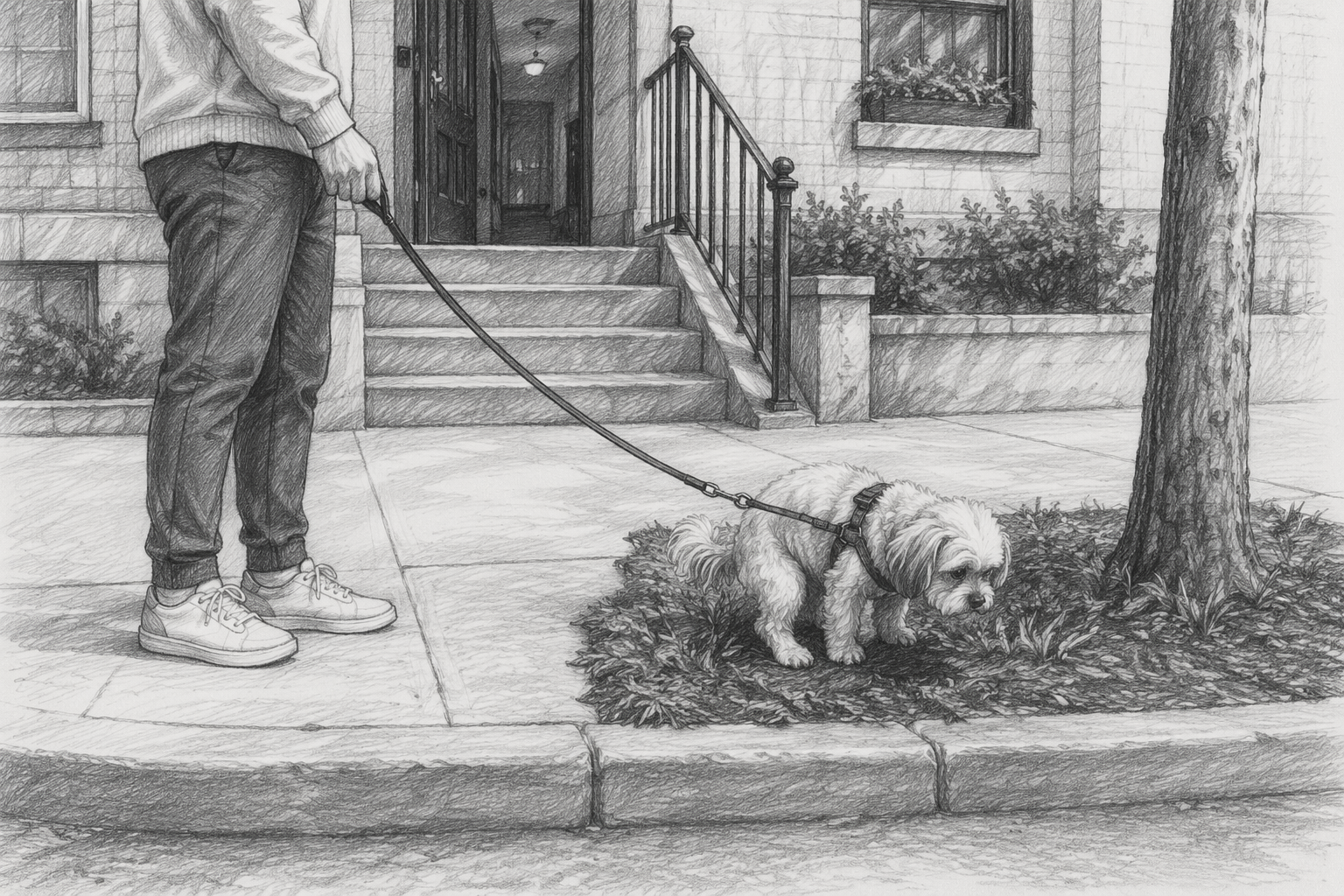 Small puppy on leash beside curbside potty patch