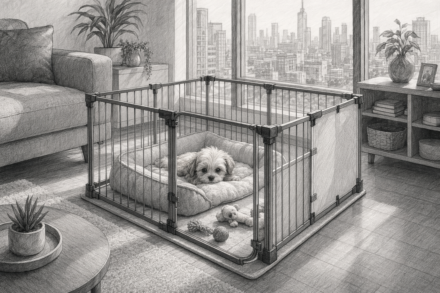 Tiny puppy resting in cozy playpen beside city sofa
