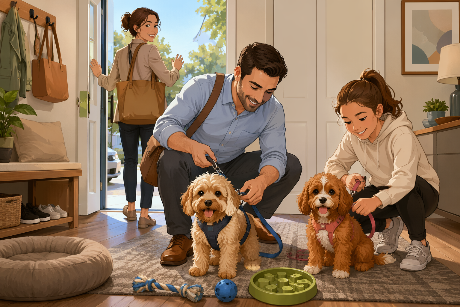 Family clipping Havapoo and Cavapoo leashes at door