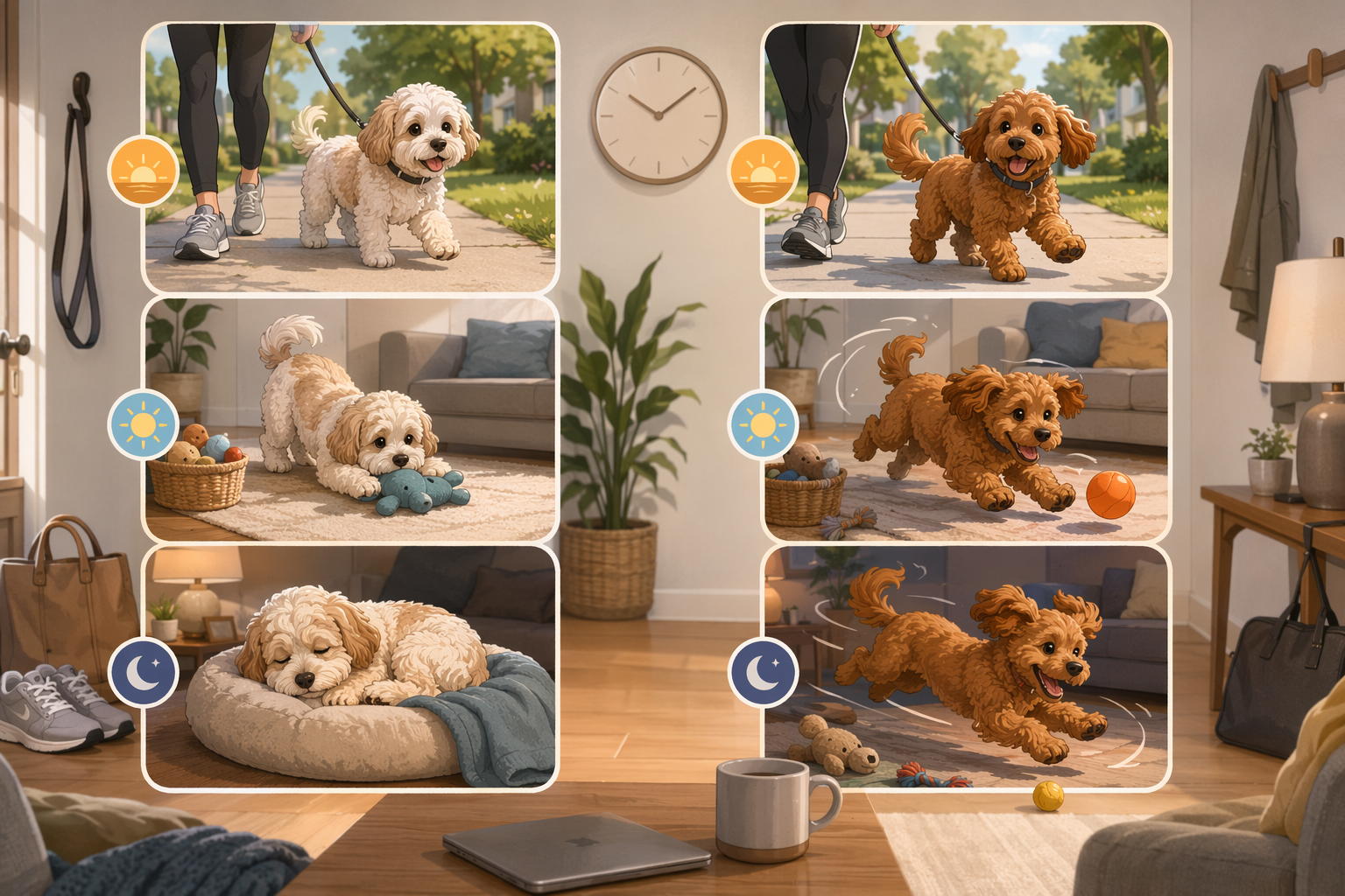 Side-by-side cartoon dogs enjoying daily walks and play sessions