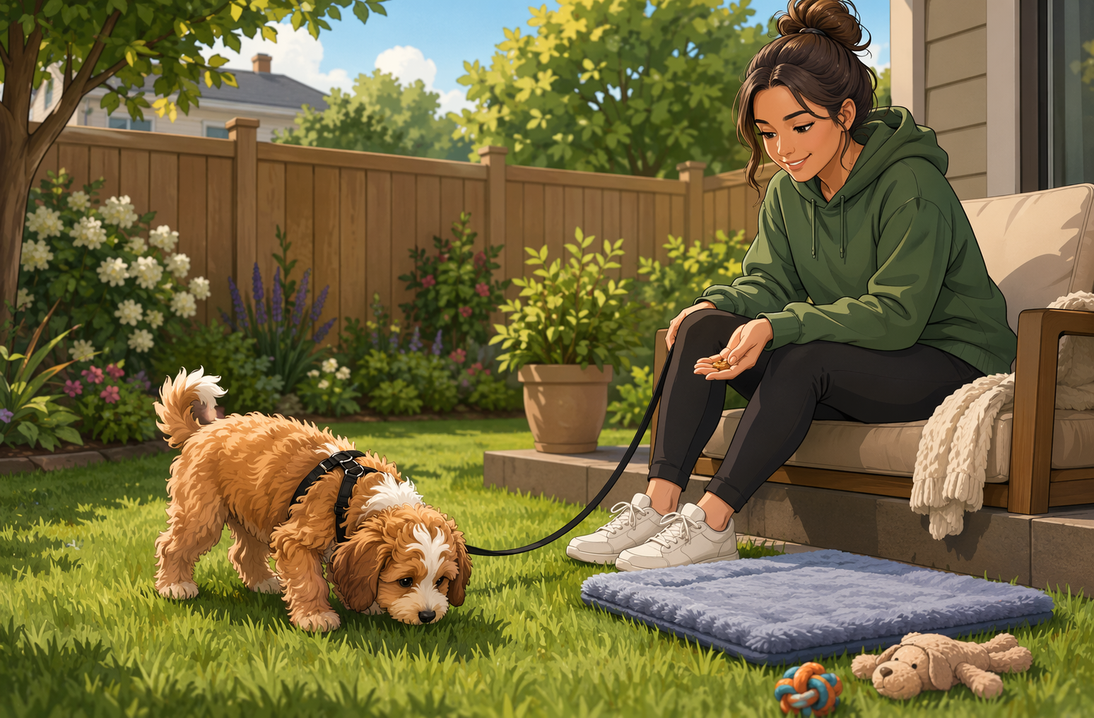 Puppy sniffing grass beside seated owner in backyard
