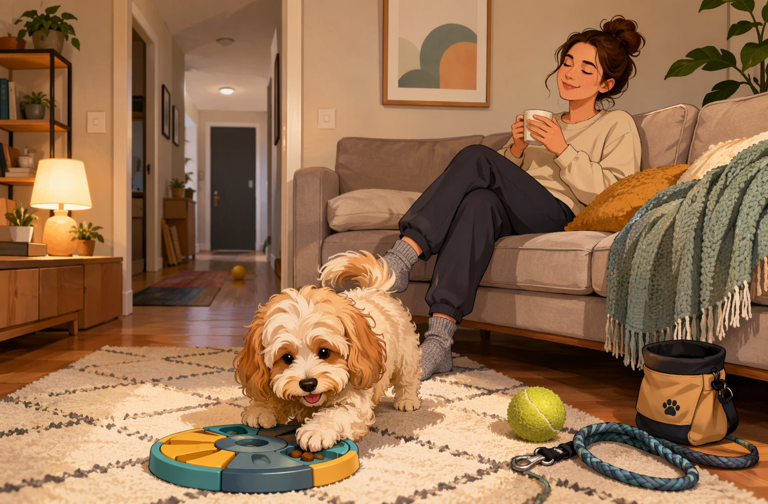 Parent relaxing on sofa with Havapoo playing nearby