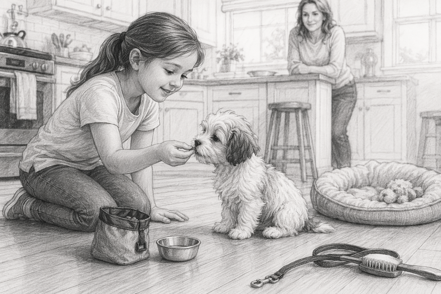 Child rewarding small puppy during kitchen training