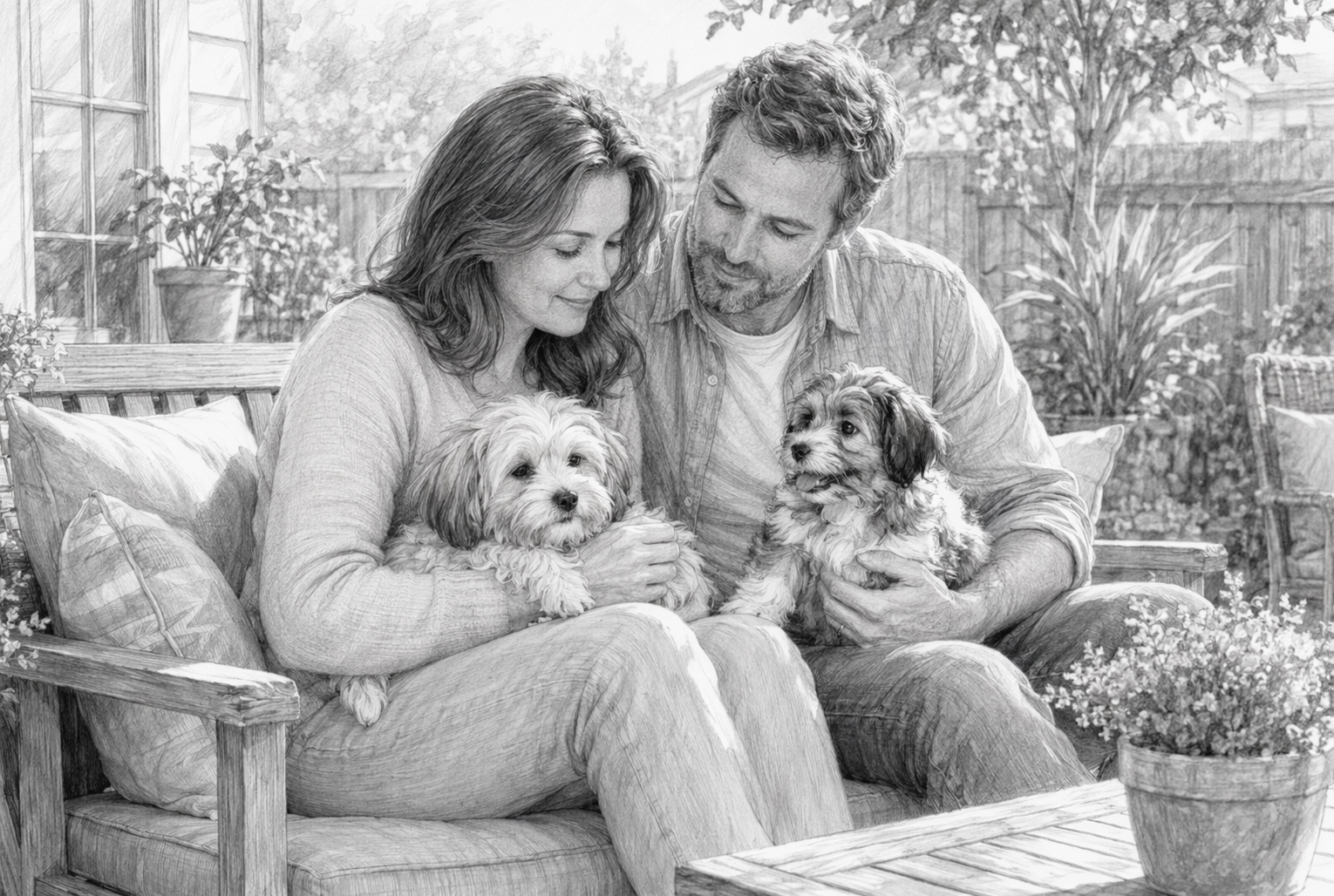 Parents with two small puppies on sunny backyard bench