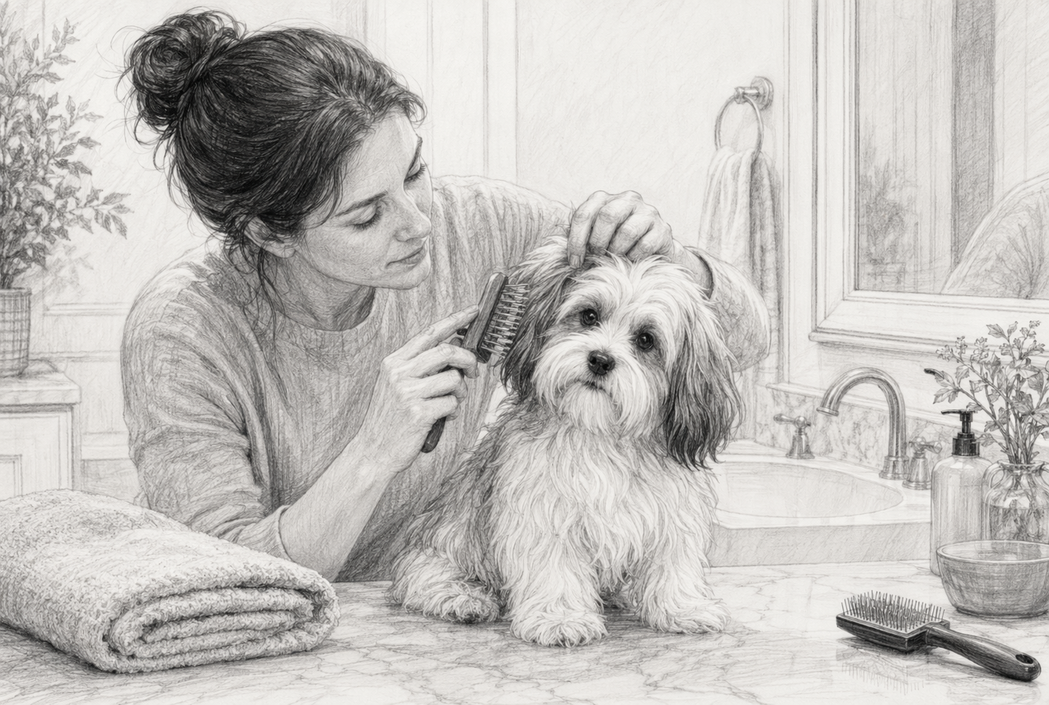 Parent brushing long-coated puppy on bathroom counter