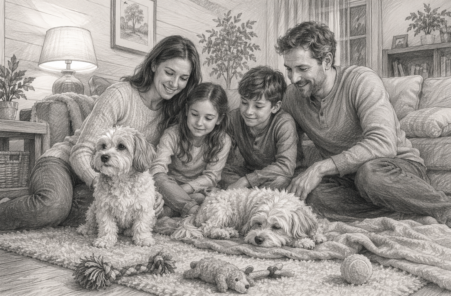 Puppies relaxing with family in living room