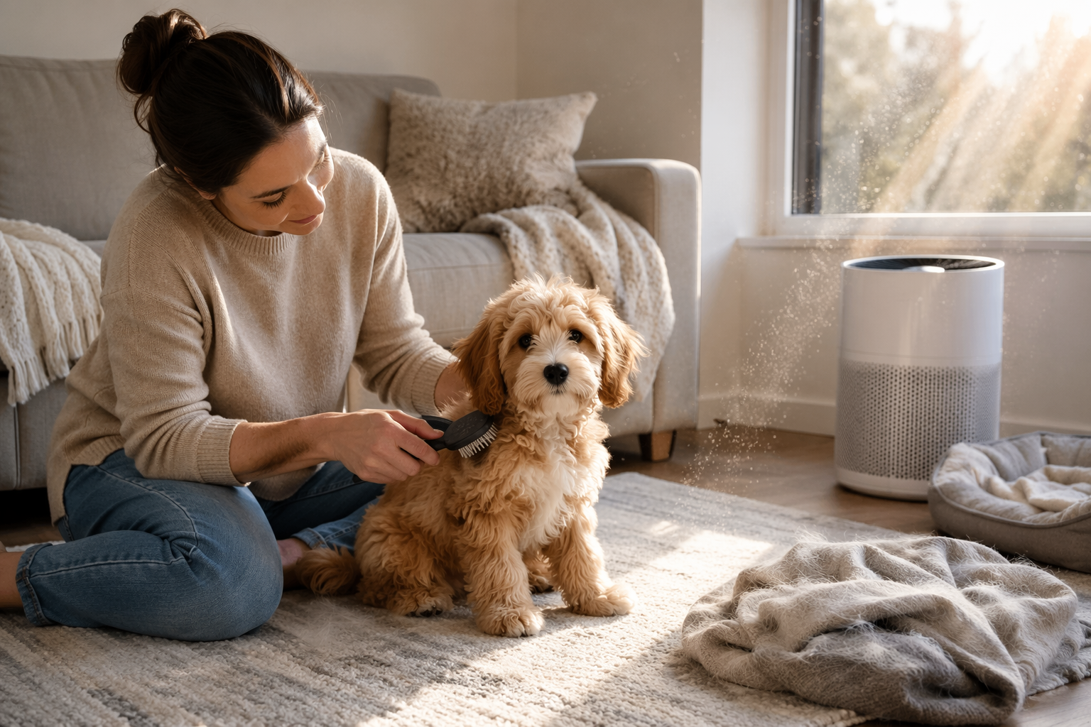 Parent brushing small doodle puppy near air purifier at home