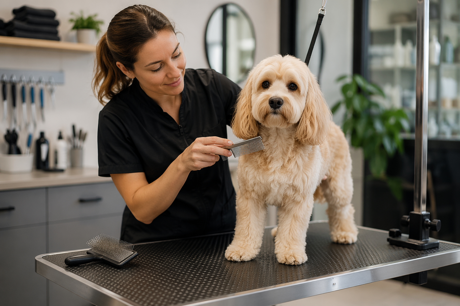 Groomer brushing a cream Cavapoo on a salon table