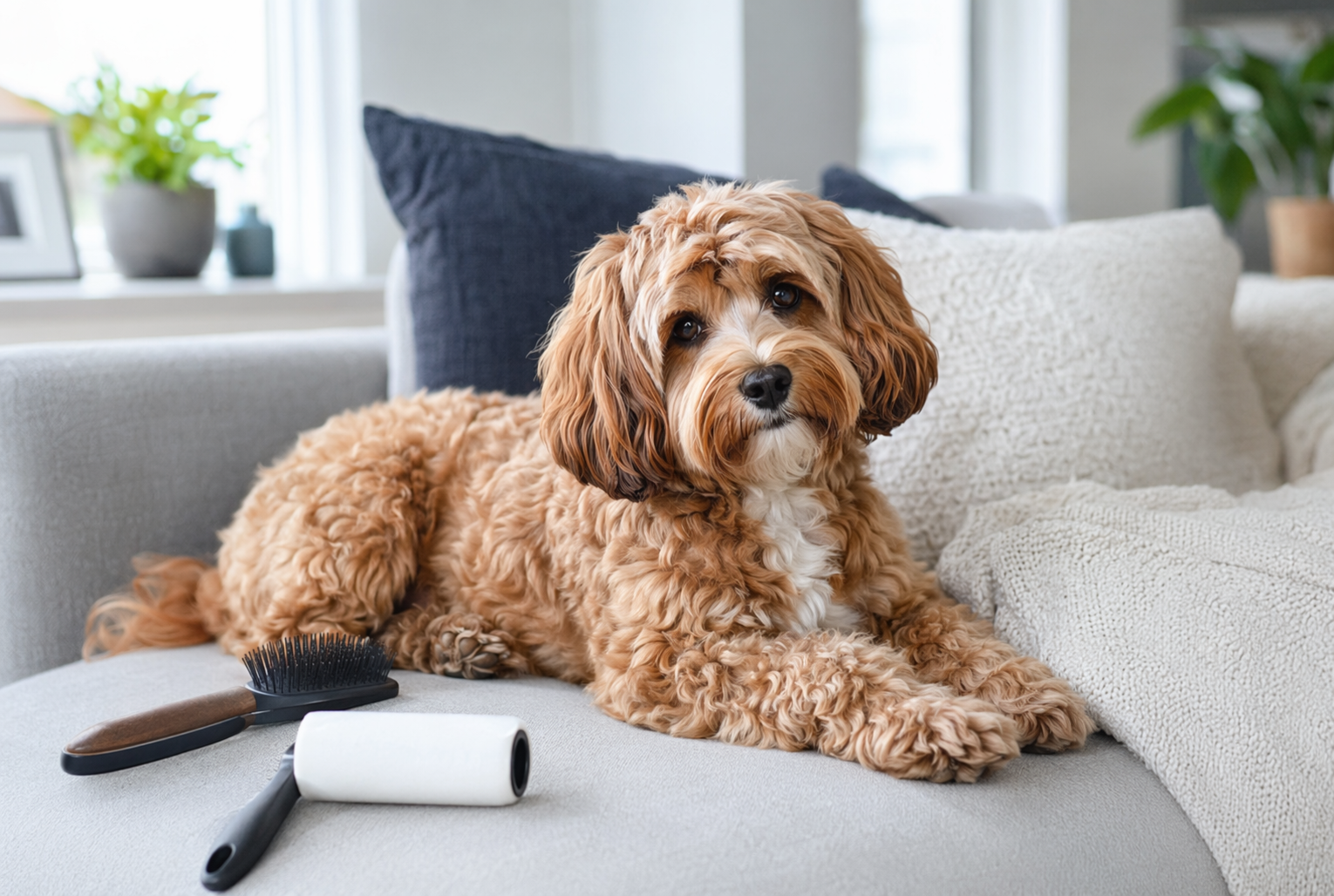Havapoo resting on light sofa with lint roller nearby