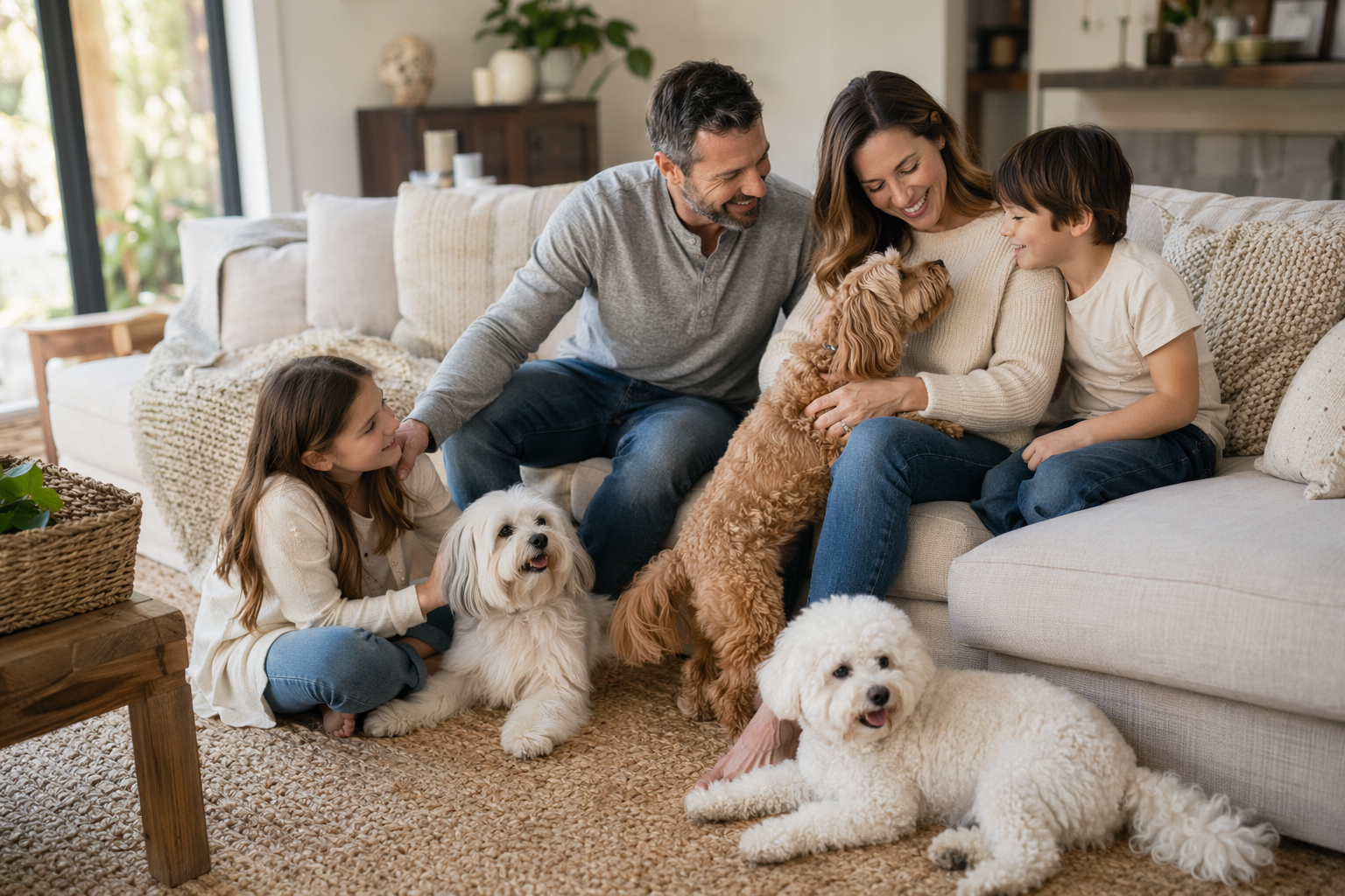 Family relaxing on sofa with three small dogs