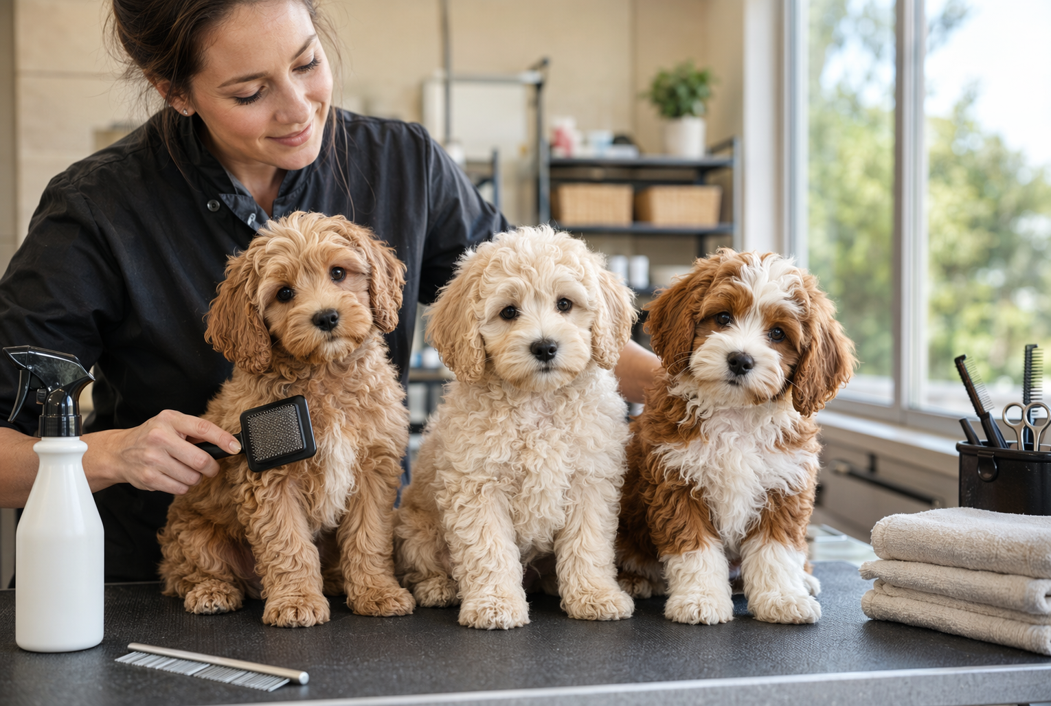 Breeder gently brushing three small puppies on grooming table