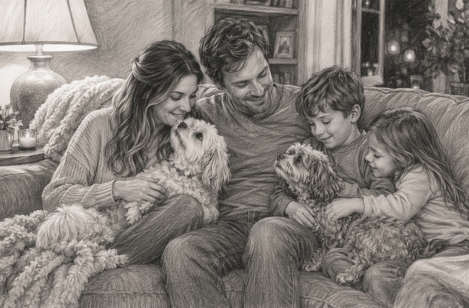 Family cuddling Havapoo and Cavapoo on sofa