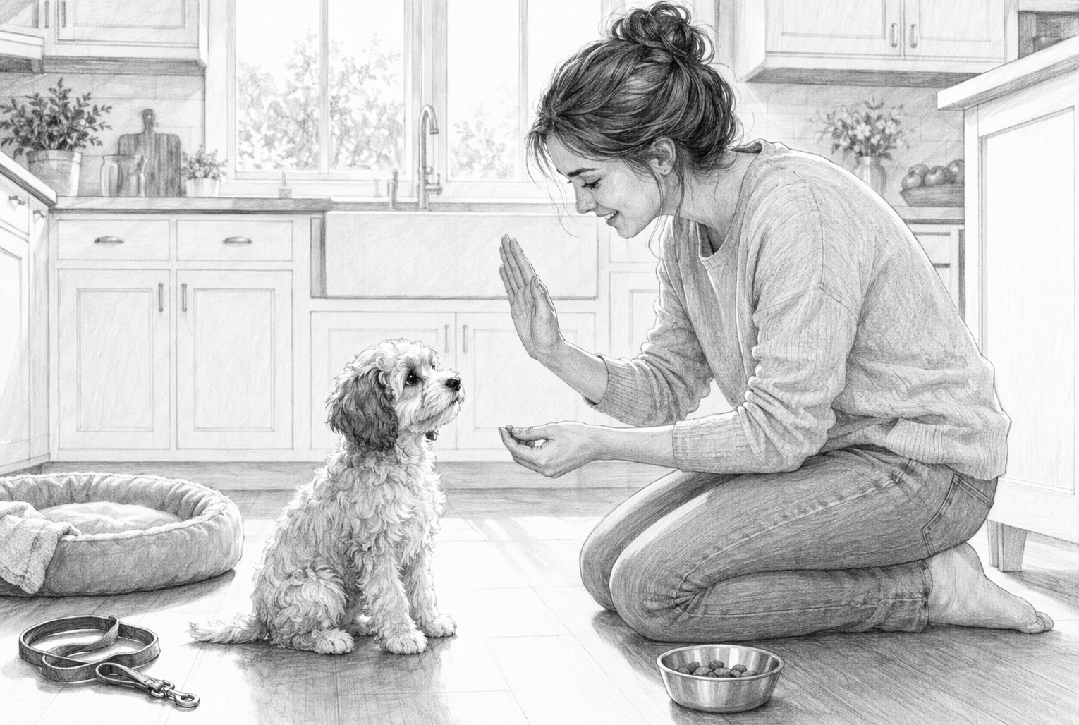 First-time owner training a small doodle puppy in bright kitchen