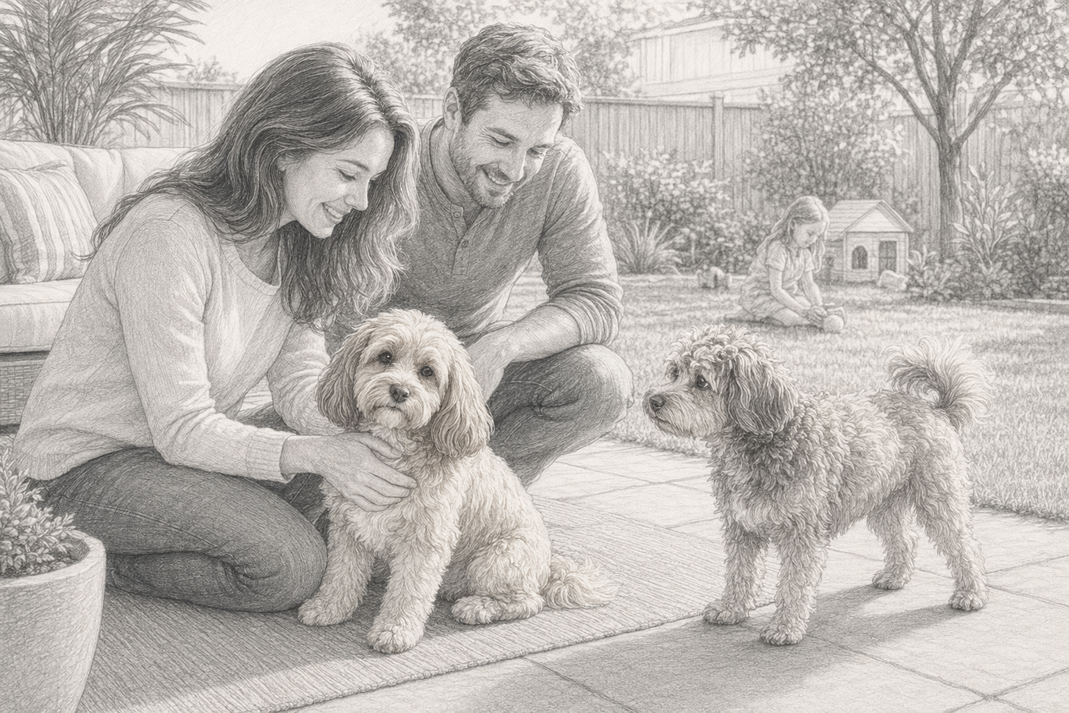 Calm Cavapoo and alert Havapoo in sunny backyard
