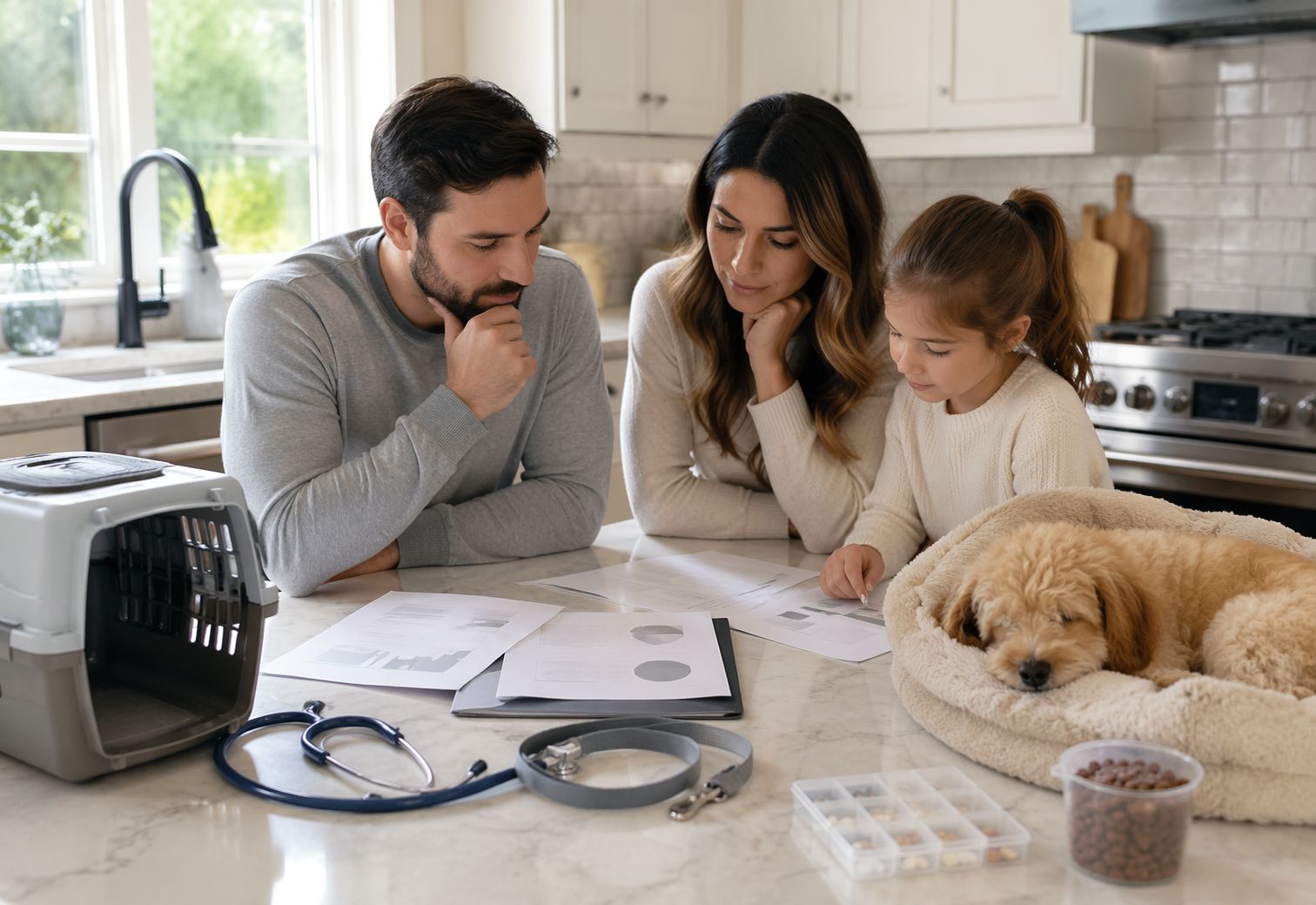 Family reviewing puppy health records in bright kitchen