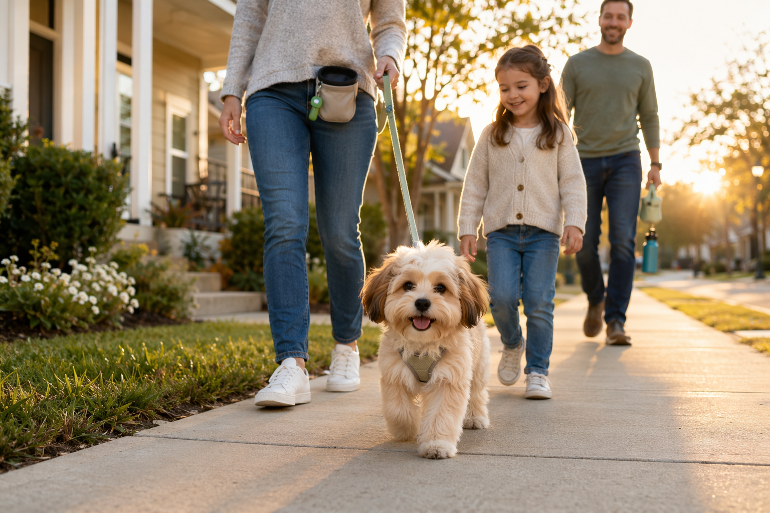Small puppy walking with family at sunrise