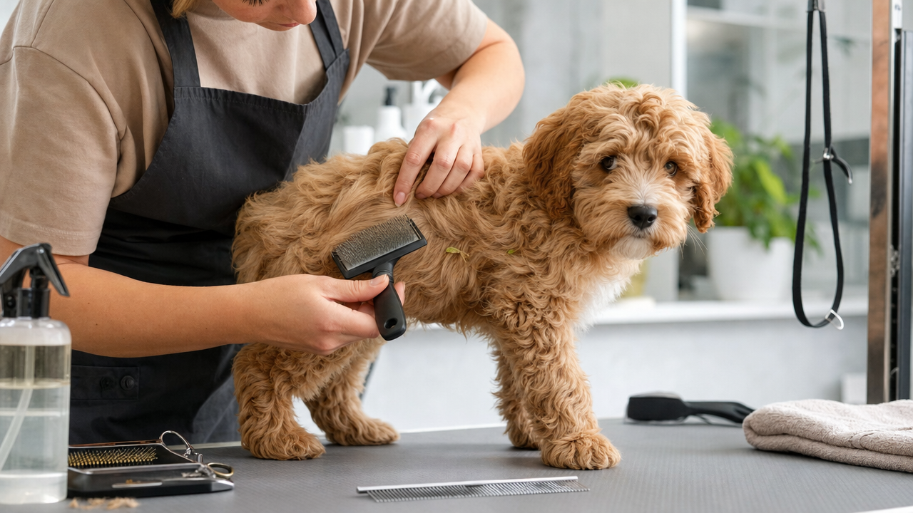 Groomer brushing a wavy-coated puppy on bright table