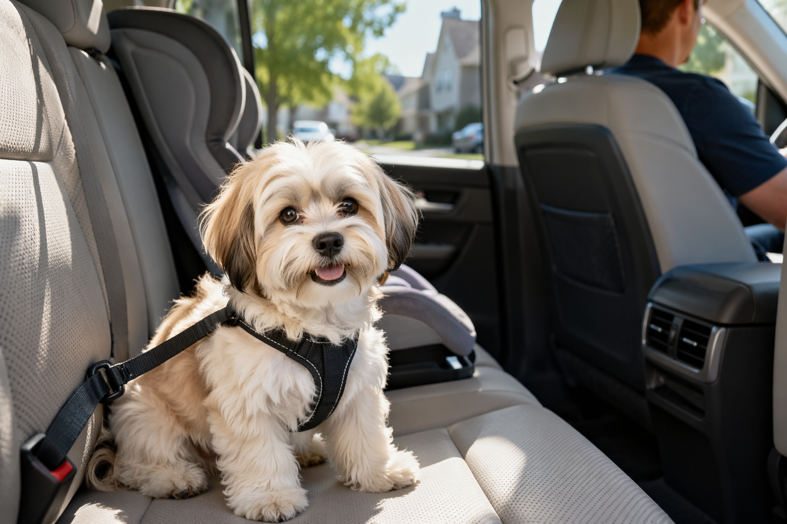 Havanese puppy riding in family SUV