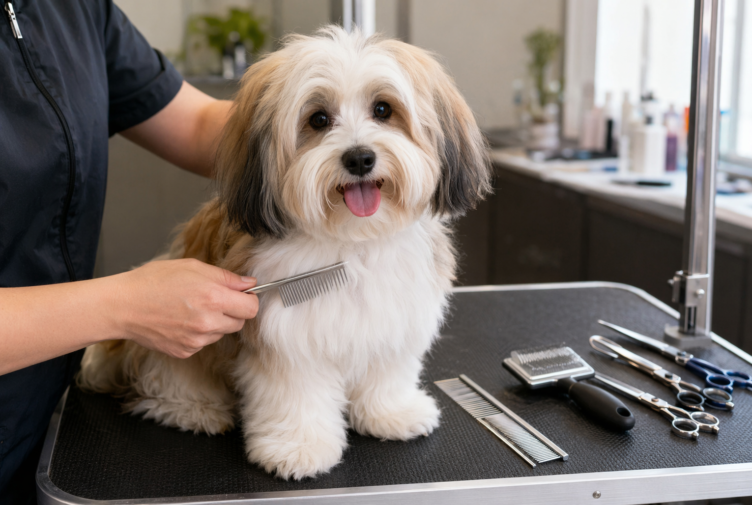 Havanese puppy being groomed on table
