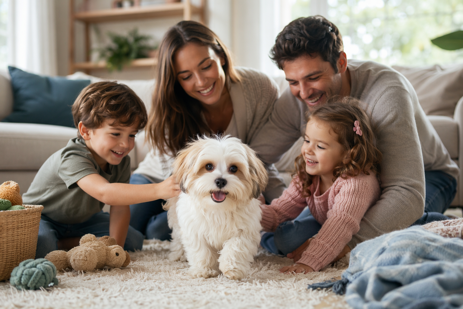 Family cuddling small Havanese on living room rug