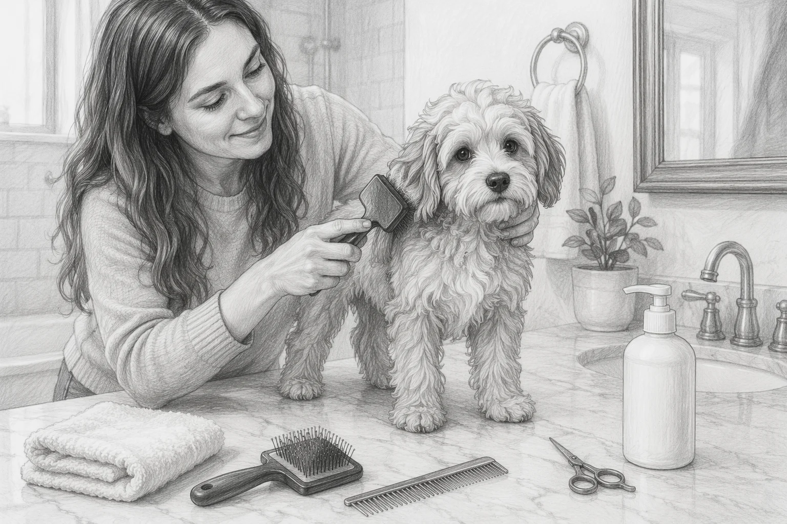 Owner brushing wavy Cavapoo puppy on bathroom counter