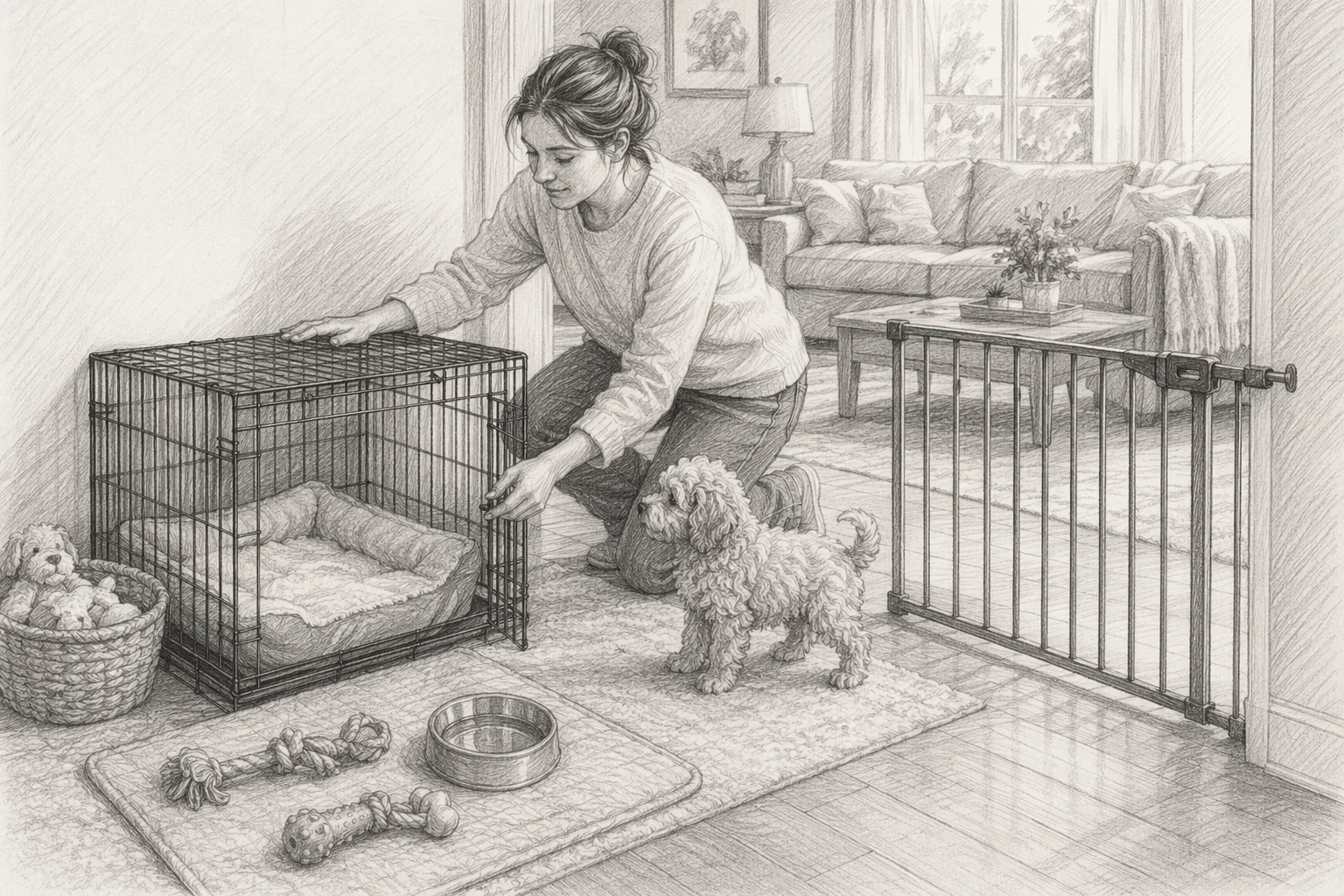 Parent setting up puppy crate with baby gate