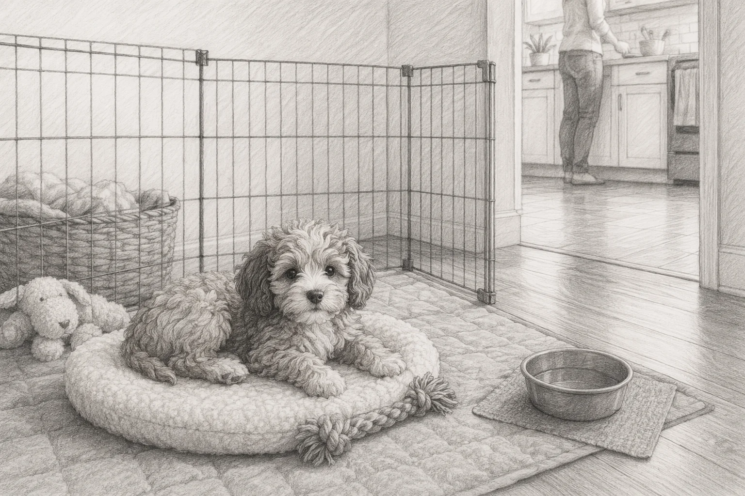 Puppy resting in playpen near open kitchen doorway