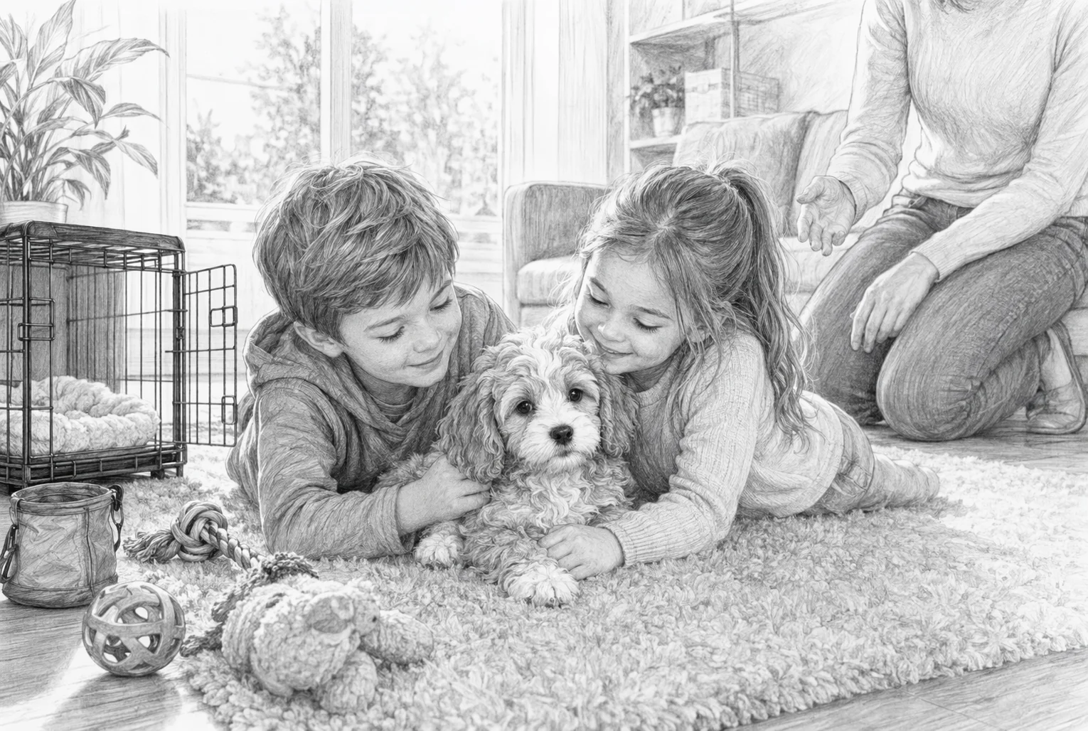 Cavapoo puppy with children on living room rug
