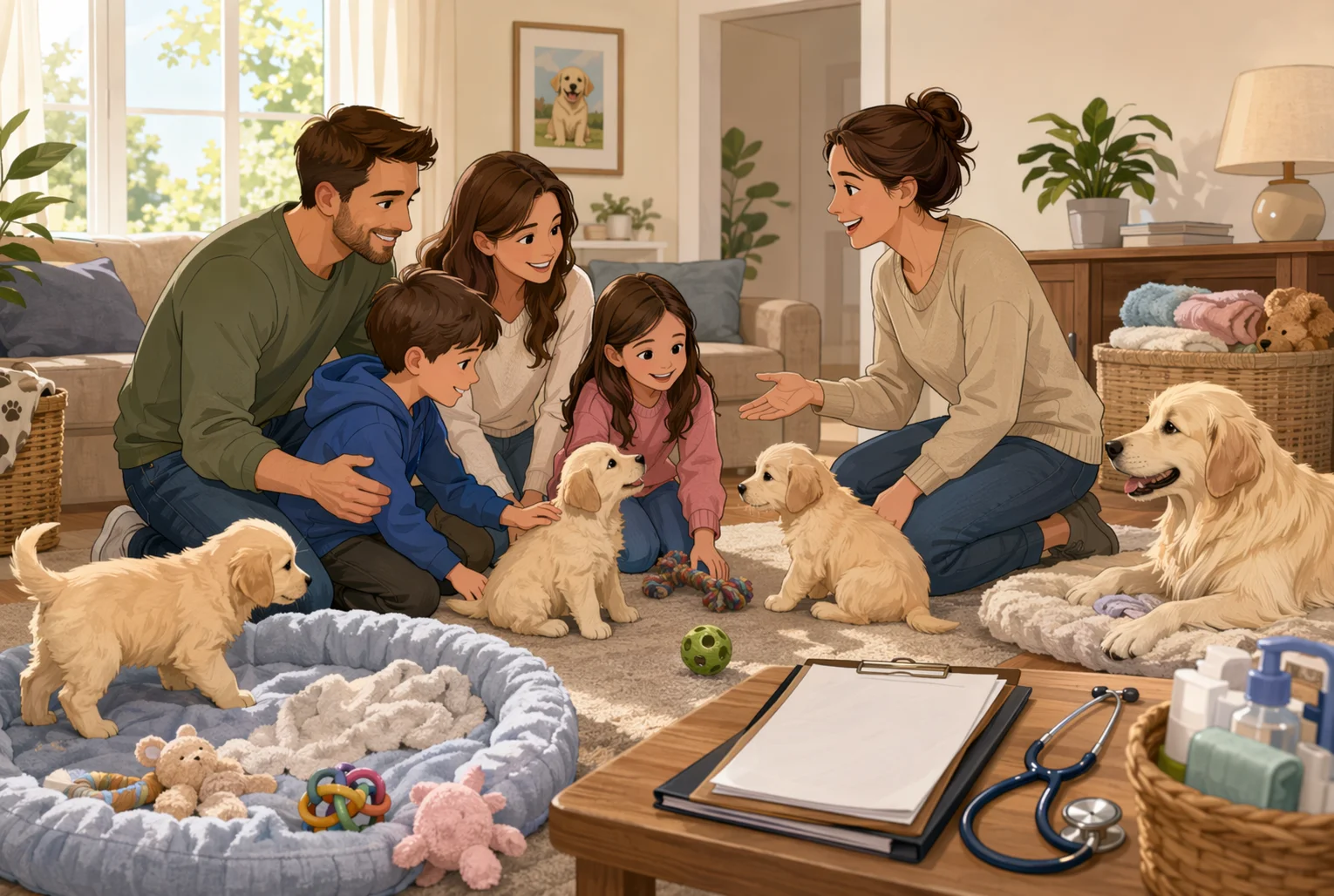 Family meeting with breeder in bright living room