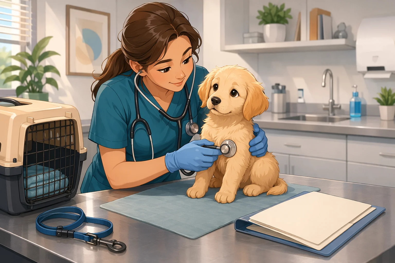 Veterinarian examining puppy during health screening
