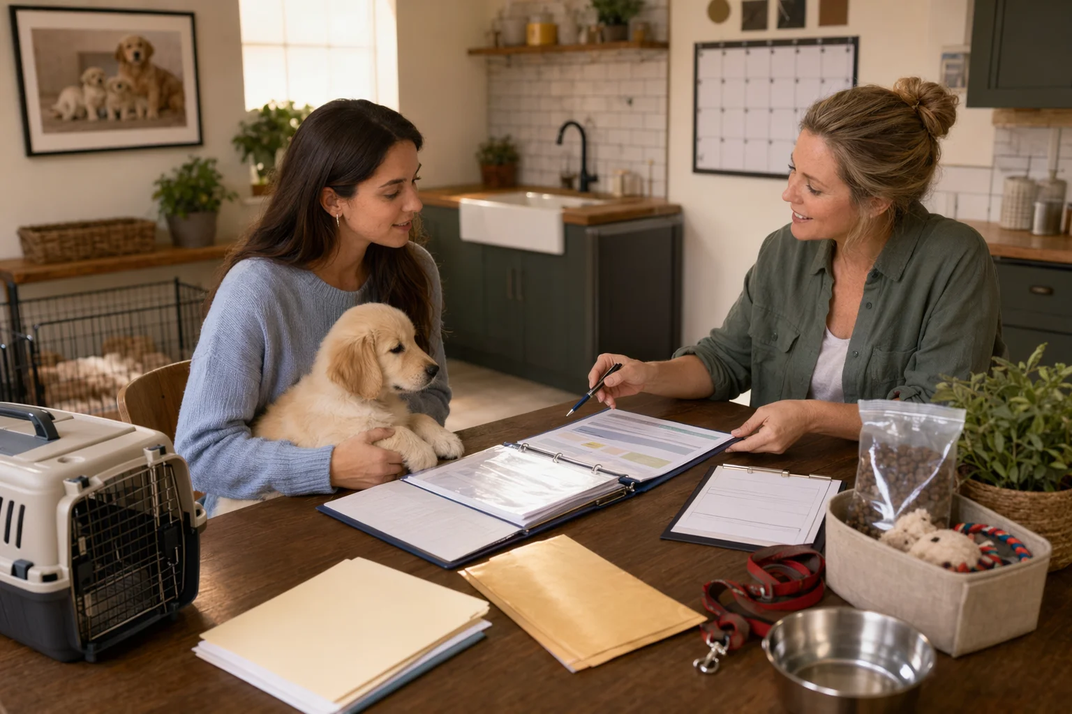 Prospective buyer reviewing puppy health records with breeder at kitchen table