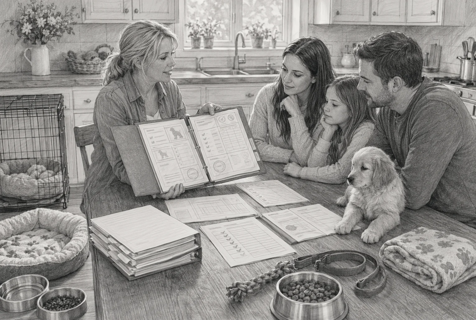Breeder reviewing puppy health records at kitchen table