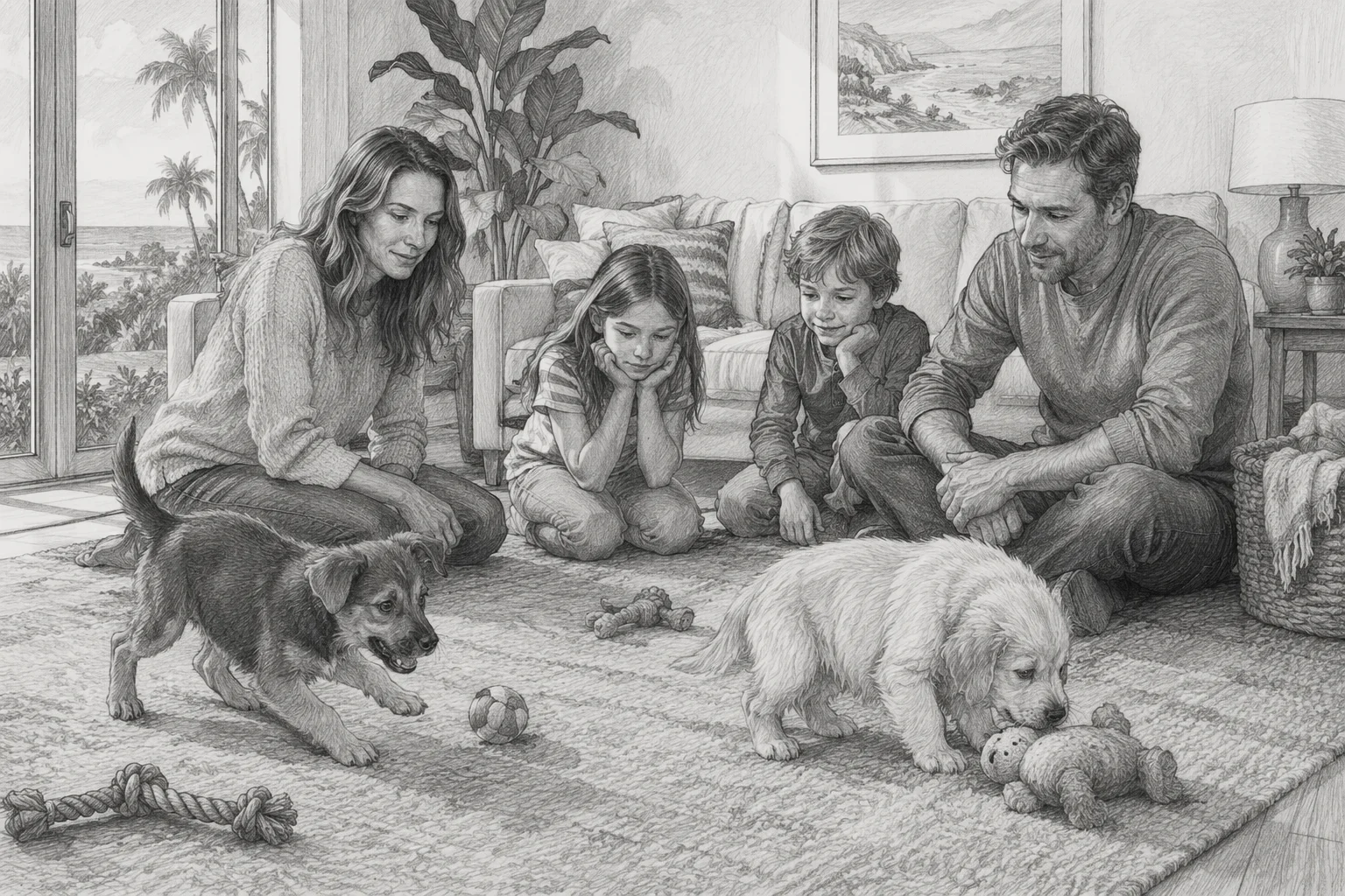 Family watching puppies explore living room