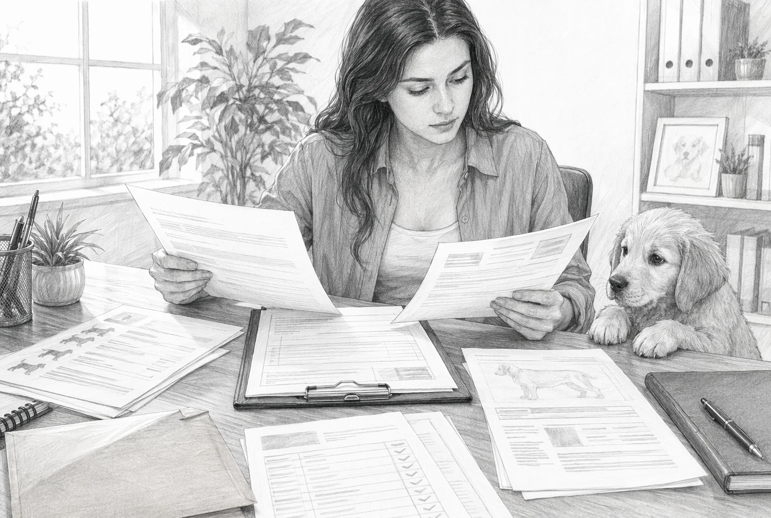 Buyer reviewing puppy sale documents at office desk