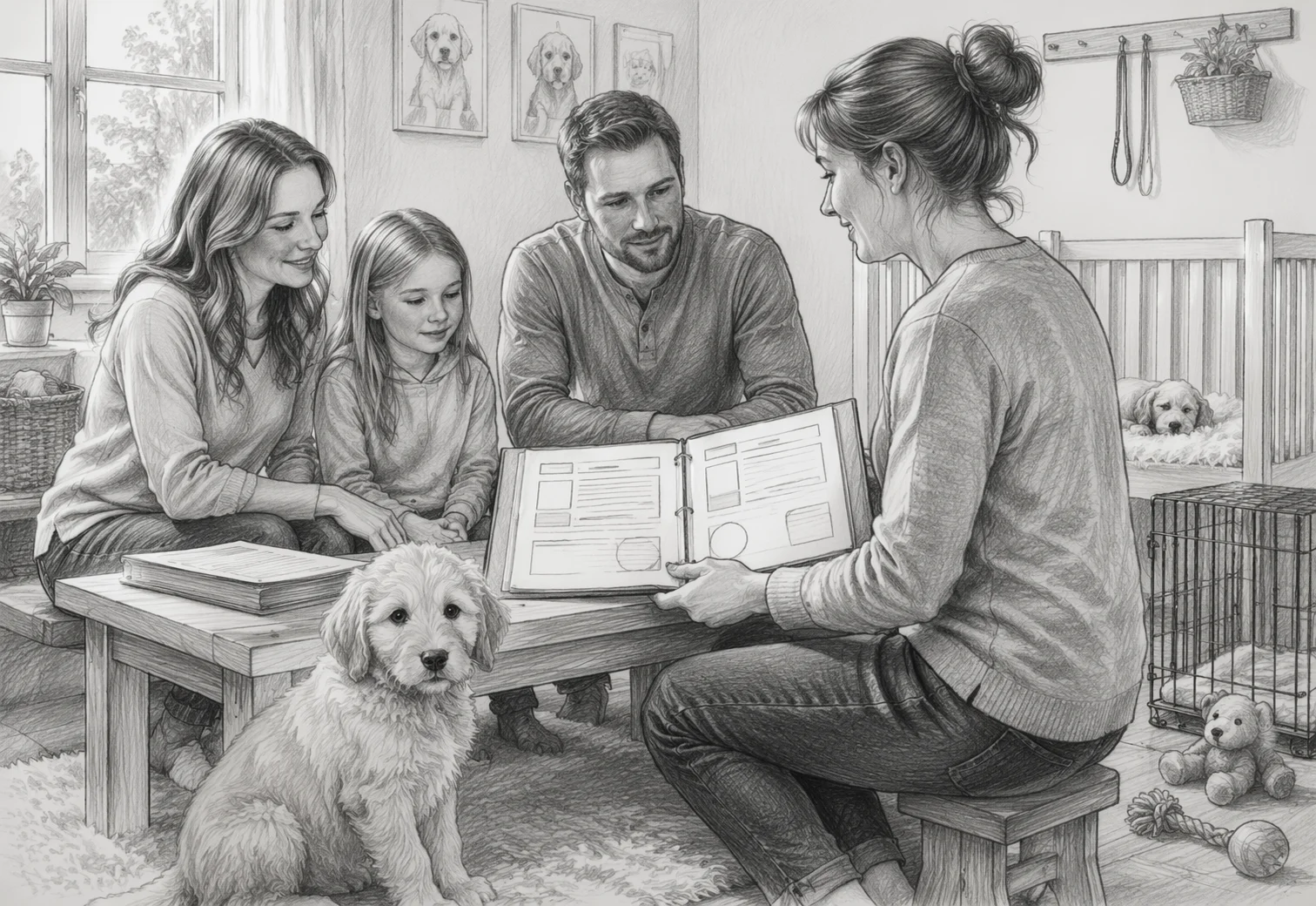 Family reviewing puppy health records with breeder in bright nursery