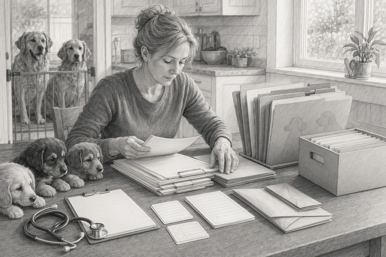 Breeder organizing puppy medical records on kitchen table