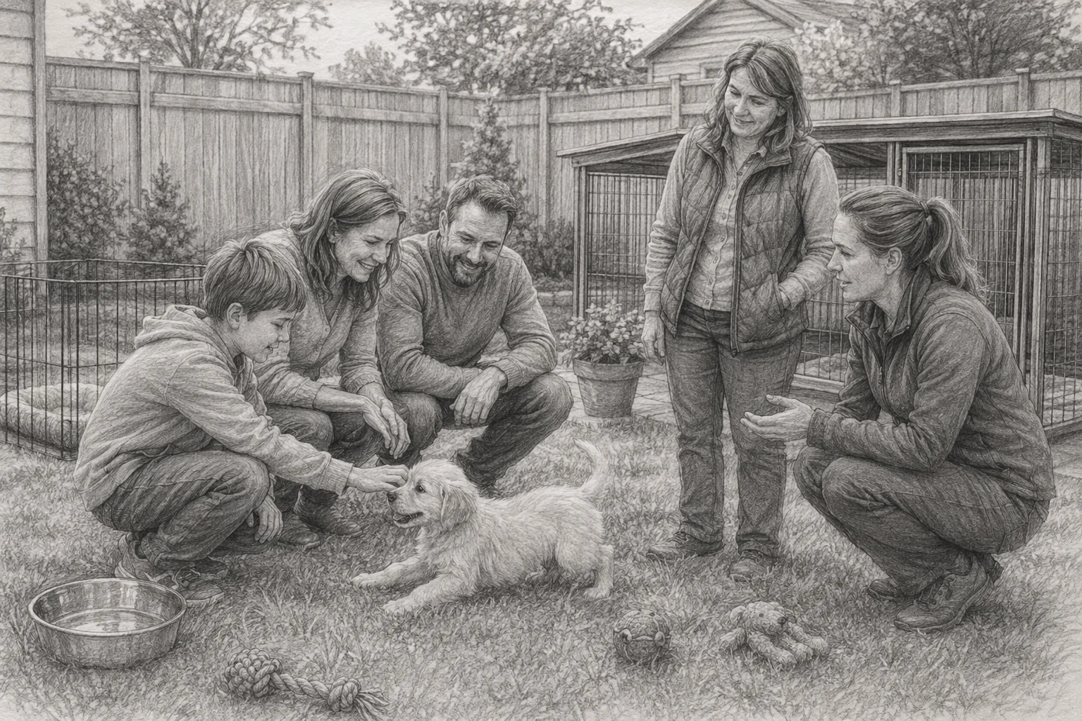 Family meeting with playful puppy in fenced backyard