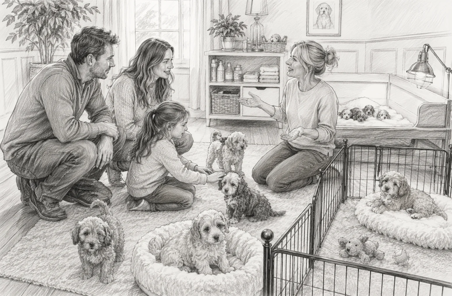 Family interviewing breeder with puppies in nursery
