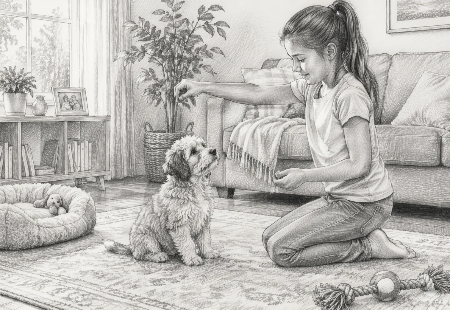 Child tossing treats to a sitting Havapoo puppy