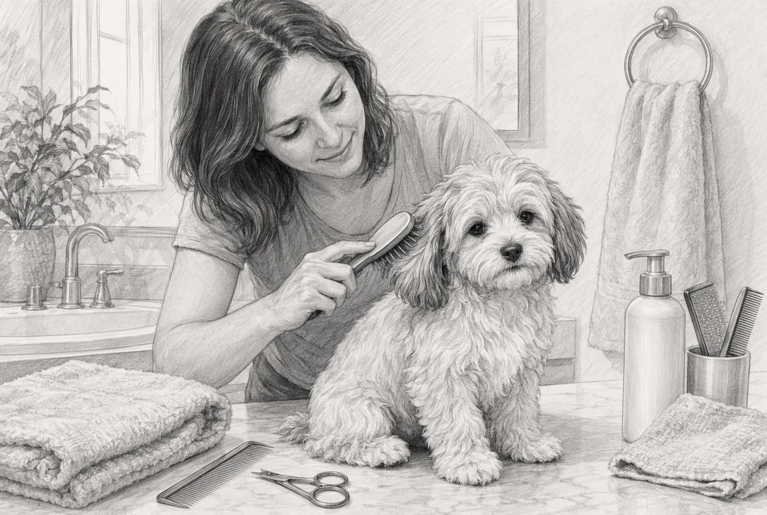 Parent brushing wavy Havapoo puppy on bathroom counter