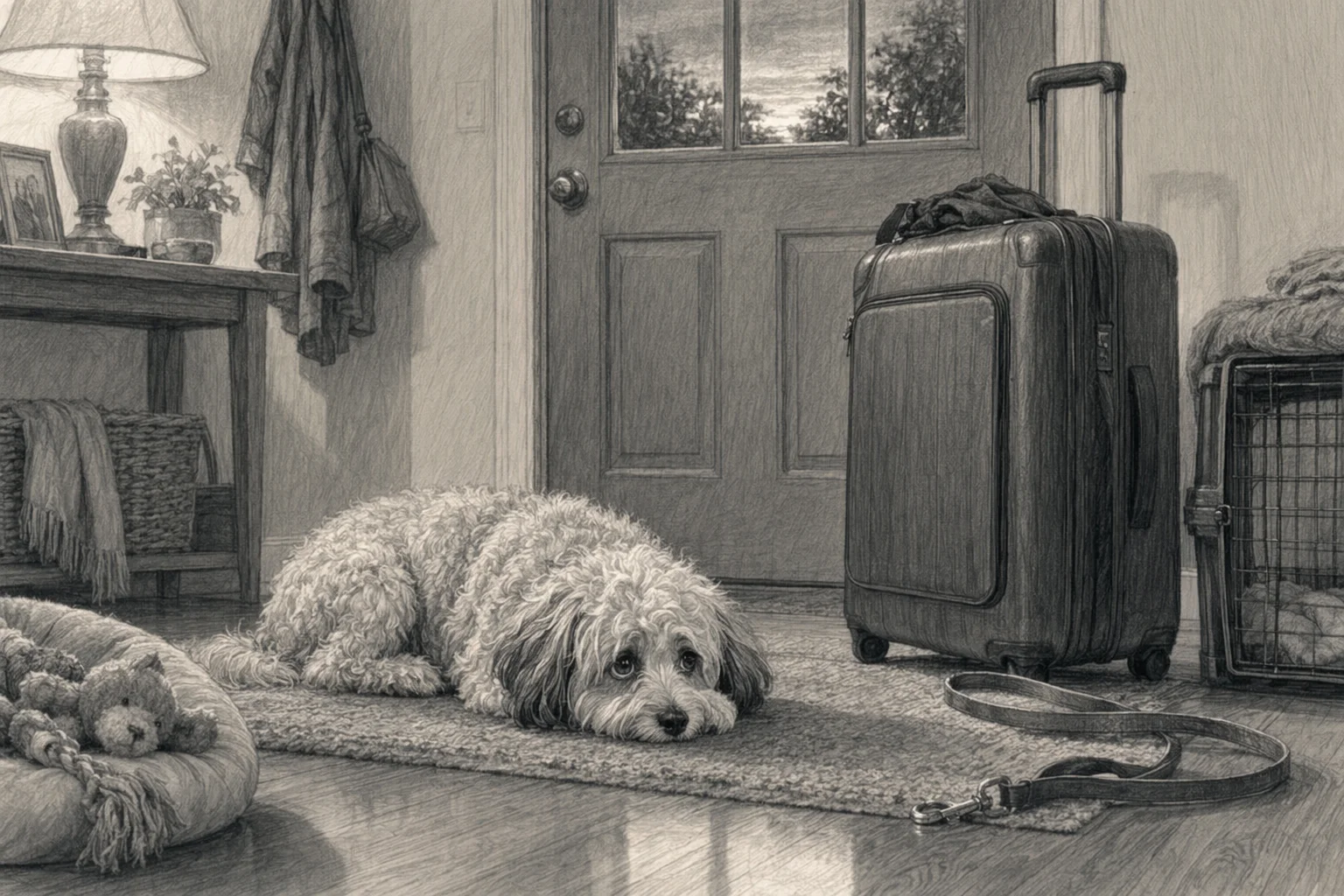 Puppy resting near suitcase by door at dusk