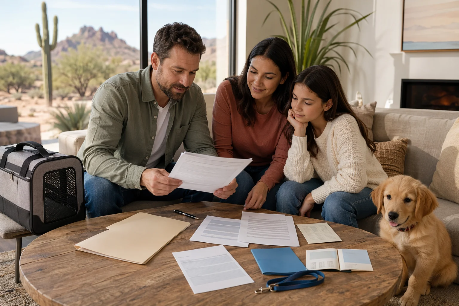 Family reviewing puppy vaccination papers in bright living room
