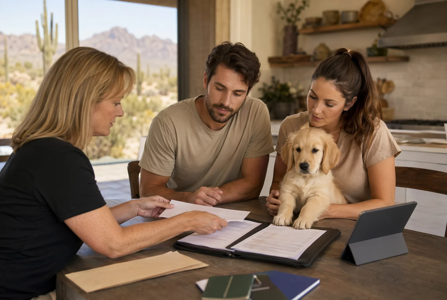 Breeder reviewing puppy health records at kitchen table