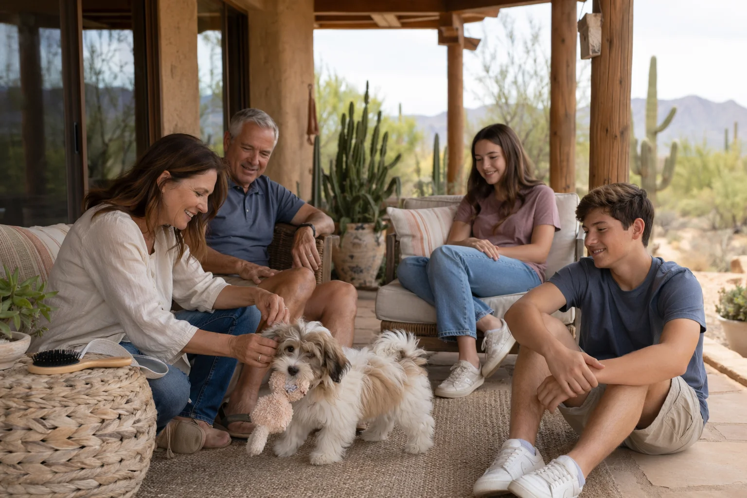Family relaxing on shaded patio with playful Havanese
