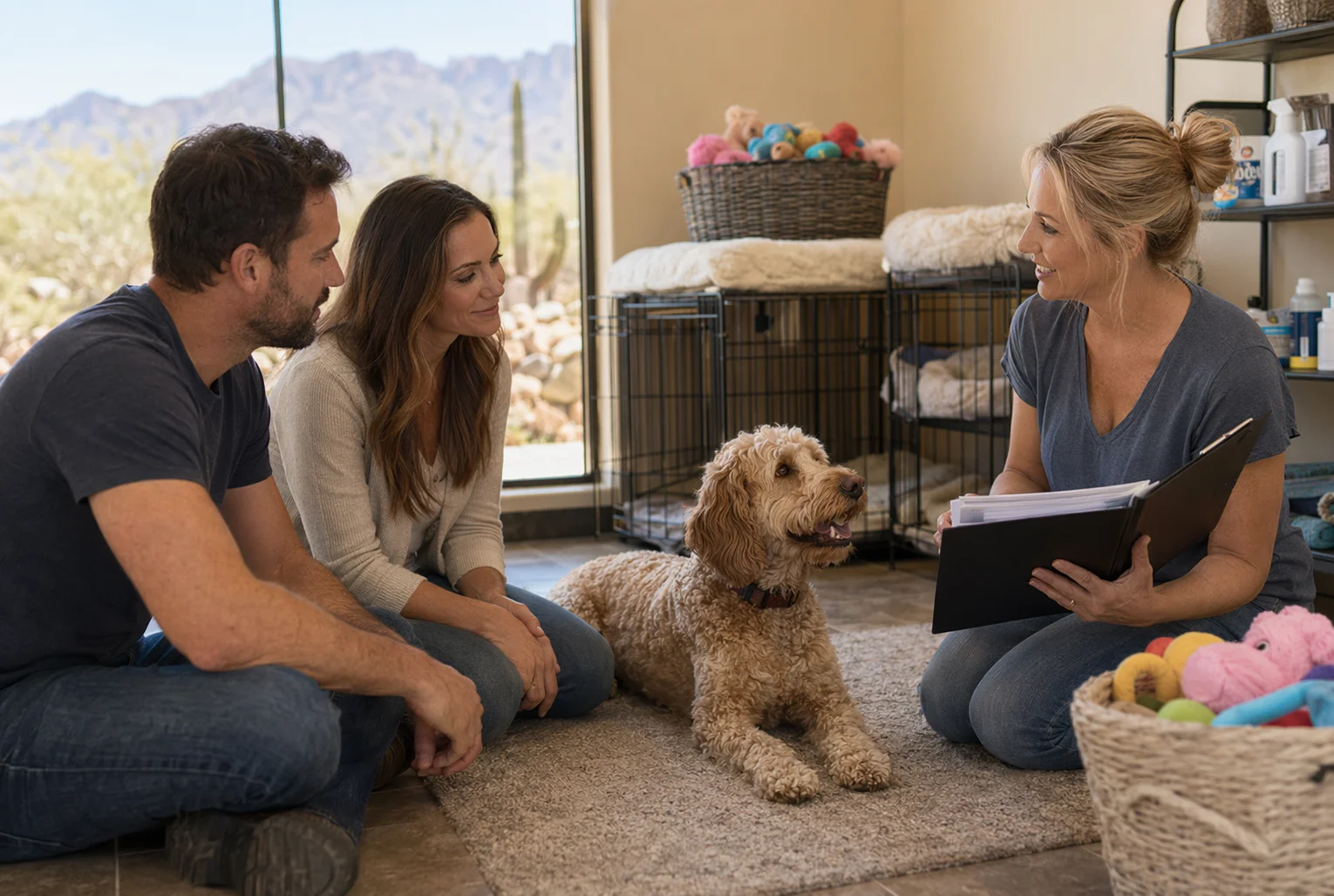 Prospective buyers inspecting a calm mother dog in a tidy breeder's playroom
