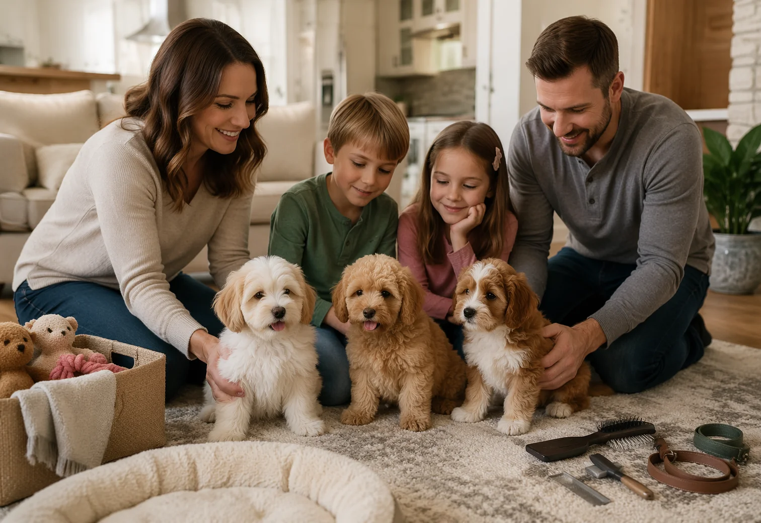 Family comparing Havanese, Havapoo, and Cavapoo puppies indoors