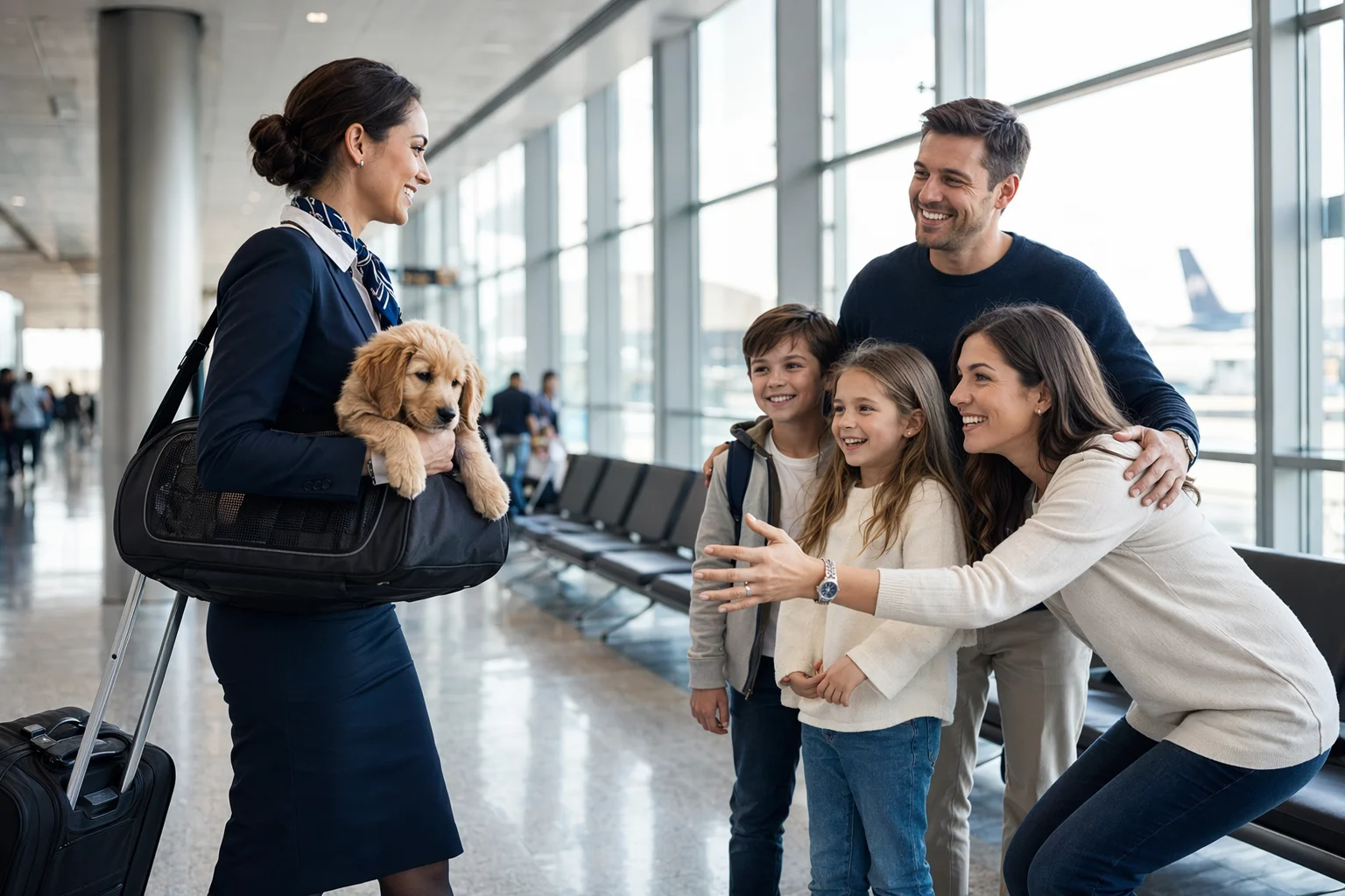 Flight nanny carrying puppy through airport terminal